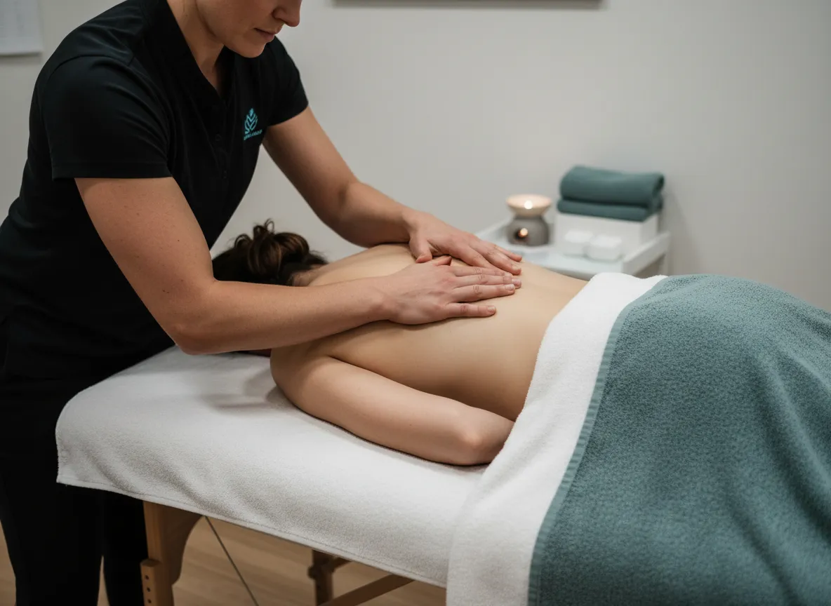Therapist applying targeted deep tissue massage pressure to a client’s back